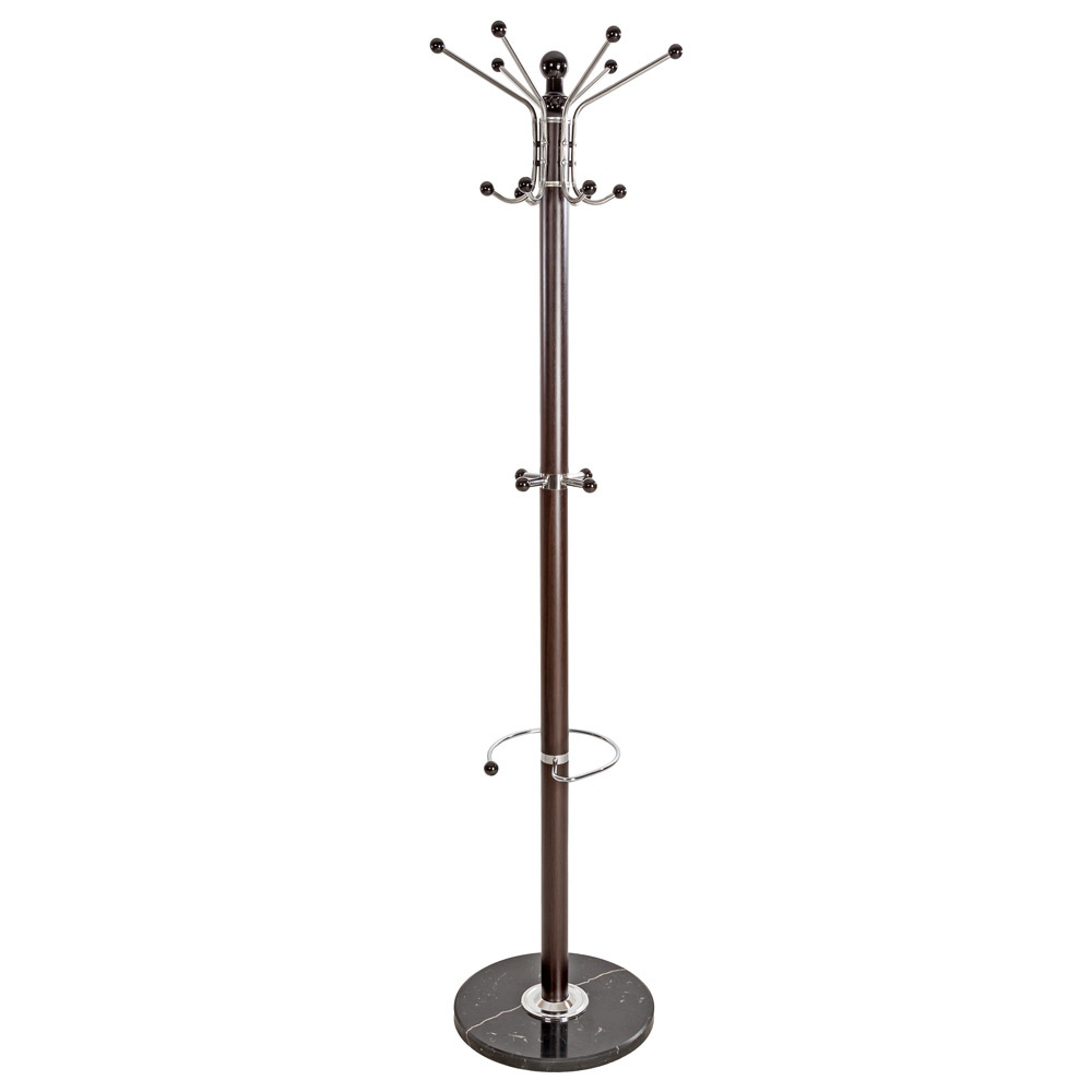 Tall coat stand with a sleek chrome finish, featuring multiple hooks for hanging coats, a circular base, and a ring for umbrellas, all in a modern design.