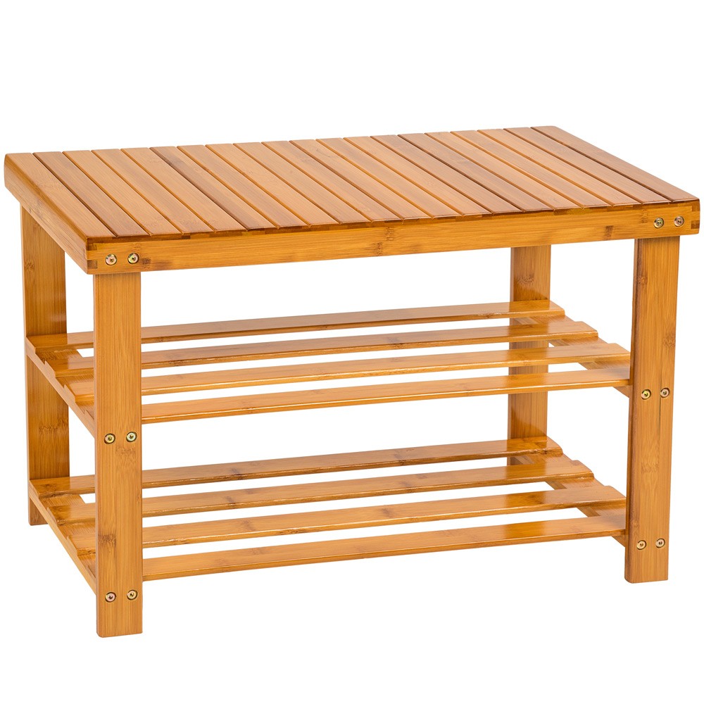 Brown bamboo shoe rack with a slatted top and two open shelves, featuring a sturdy frame and a natural finish, designed for storage and seating.