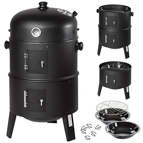 Black Tectake BBQ Smoker Barrel 3-in-1 features a rounded top, dual doors, adjustable vents, a thermometer, and comes with a grill rack and two bowls for versatile cooking options.