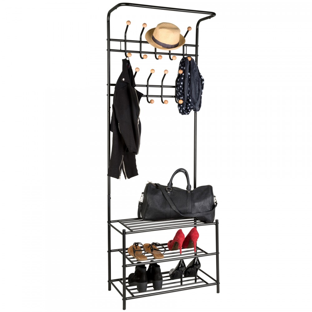 Black metal wardrobe with a shoe rack, featuring multiple hooks for hats and clothing, and two shelves displaying various shoes, including heels and flats.