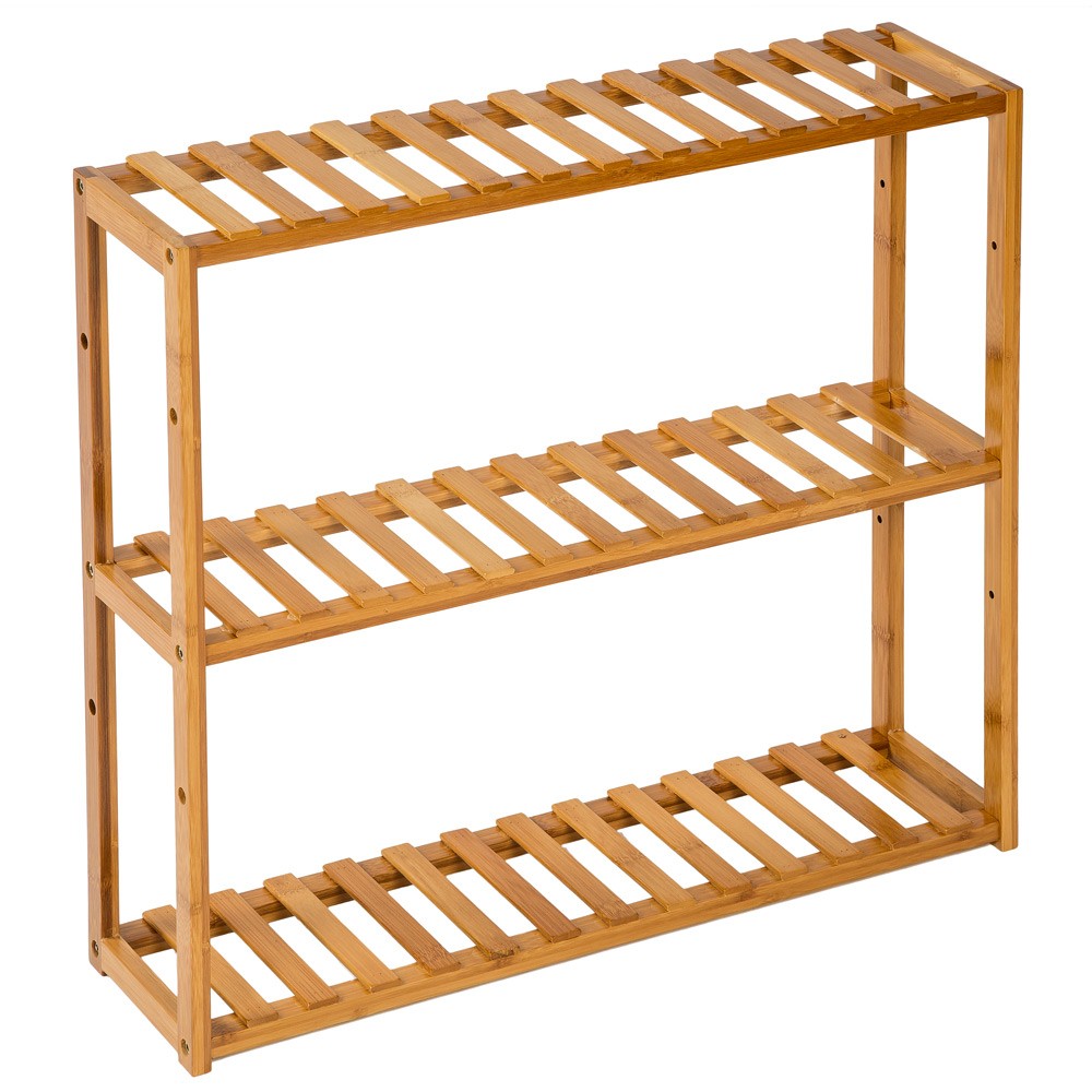 Three-tiered standing bathroom shelf made of brown bamboo, featuring slatted design for ventilation and storage, with a natural finish and sturdy frame.