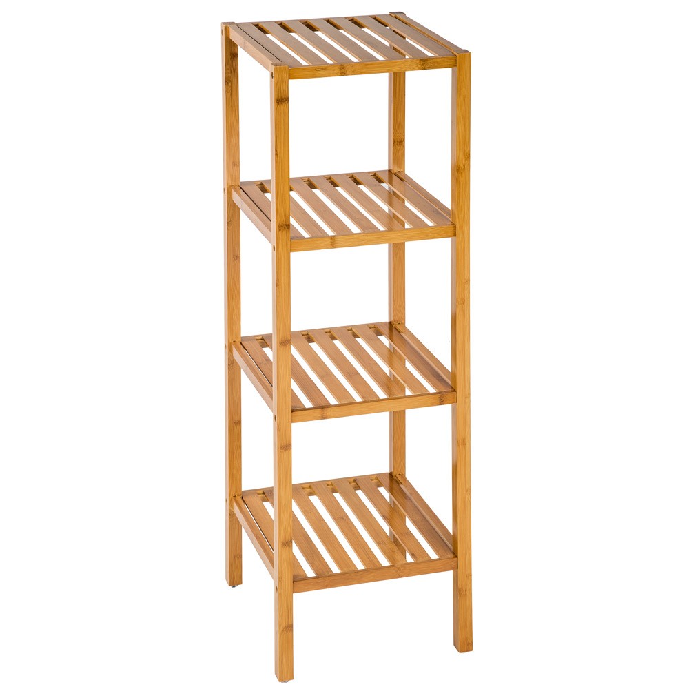 Standing bathroom shelf with four tiers, made of brown bamboo, featuring slatted shelves for ventilation and a simple, modern design.