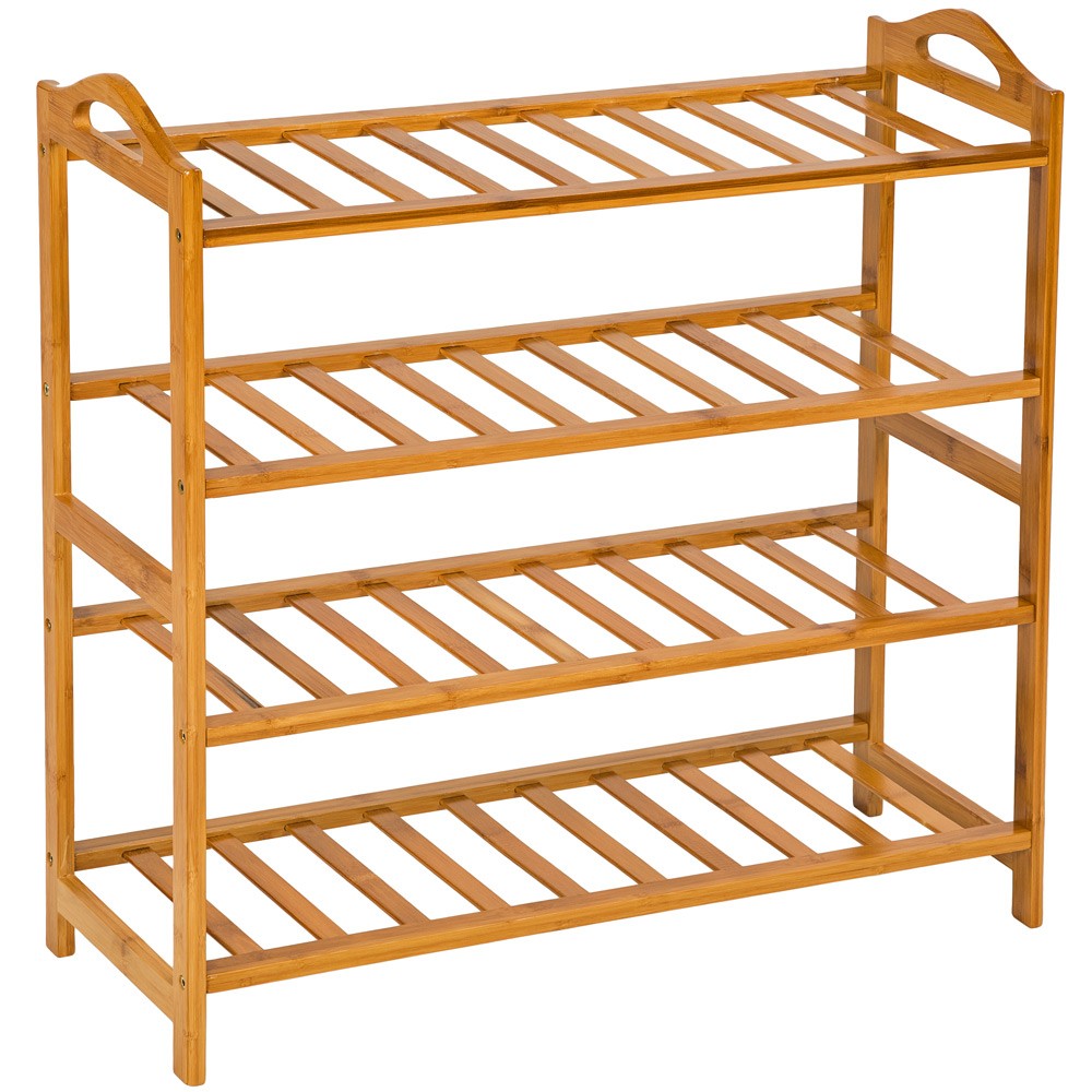 Brown bamboo shoe rack with four open shelves, featuring a slatted design and sturdy side handles for easy mobility.