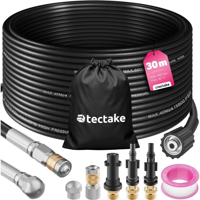 Black high-pressure drain cleaning hose set featuring a 30m hose, two nozzles, three adapters, and a storage bag, marked with a pink tag indicating maximum pressure and temperature.