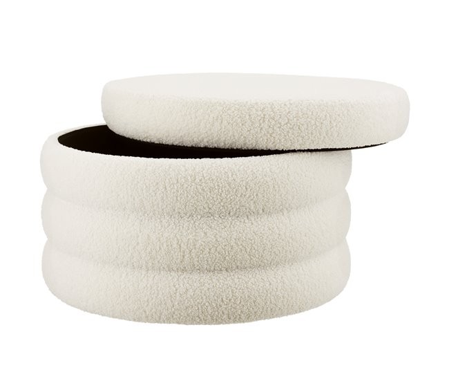 Cream-colored cylindrical footstool with plush upholstery and a removable lid, featuring storage space inside, measuring 67 x 42 cm.