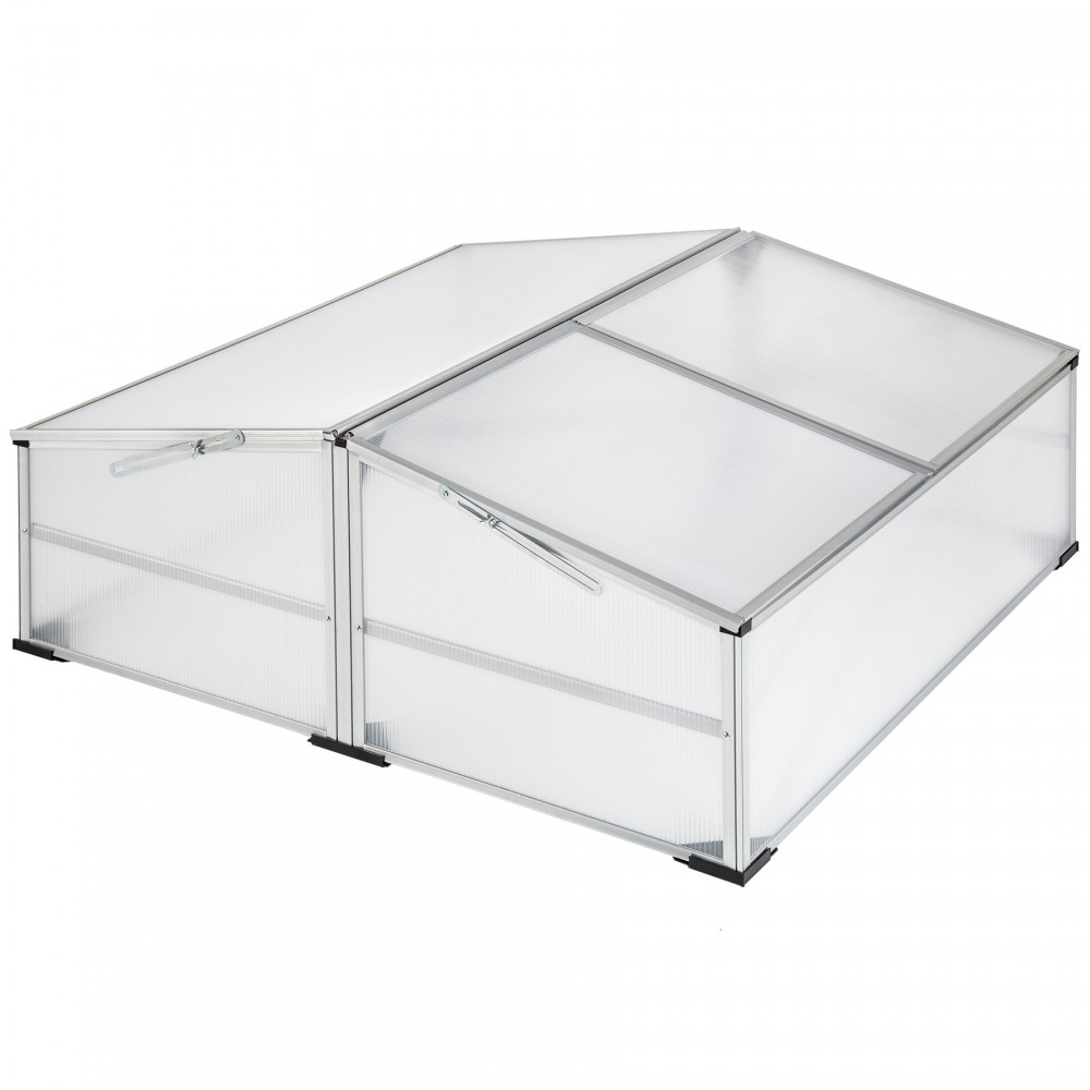 Aluminum garden cold frame in white with a lockable roof, featuring a transparent polycarbonate cover and a two-section design for easy access.