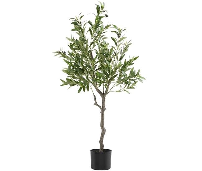 A 120 cm artificial olive tree with lush green leaves and realistic detailing, set in a simple black pot, featuring a textured brown trunk for a natural look.