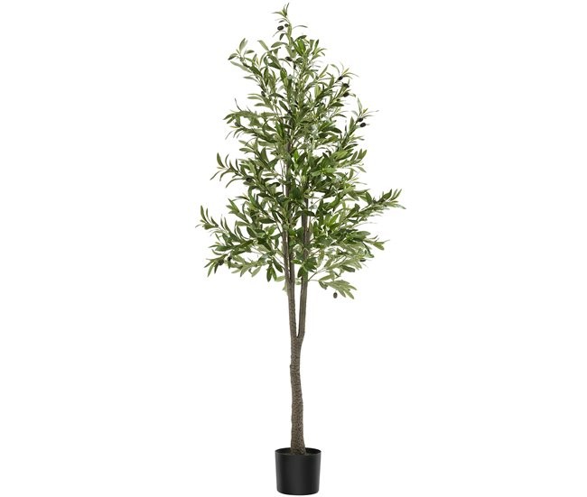 Tall artificial olive tree with lush green leaves, a realistic textured trunk, and a simple black pot, standing 180 cm high.