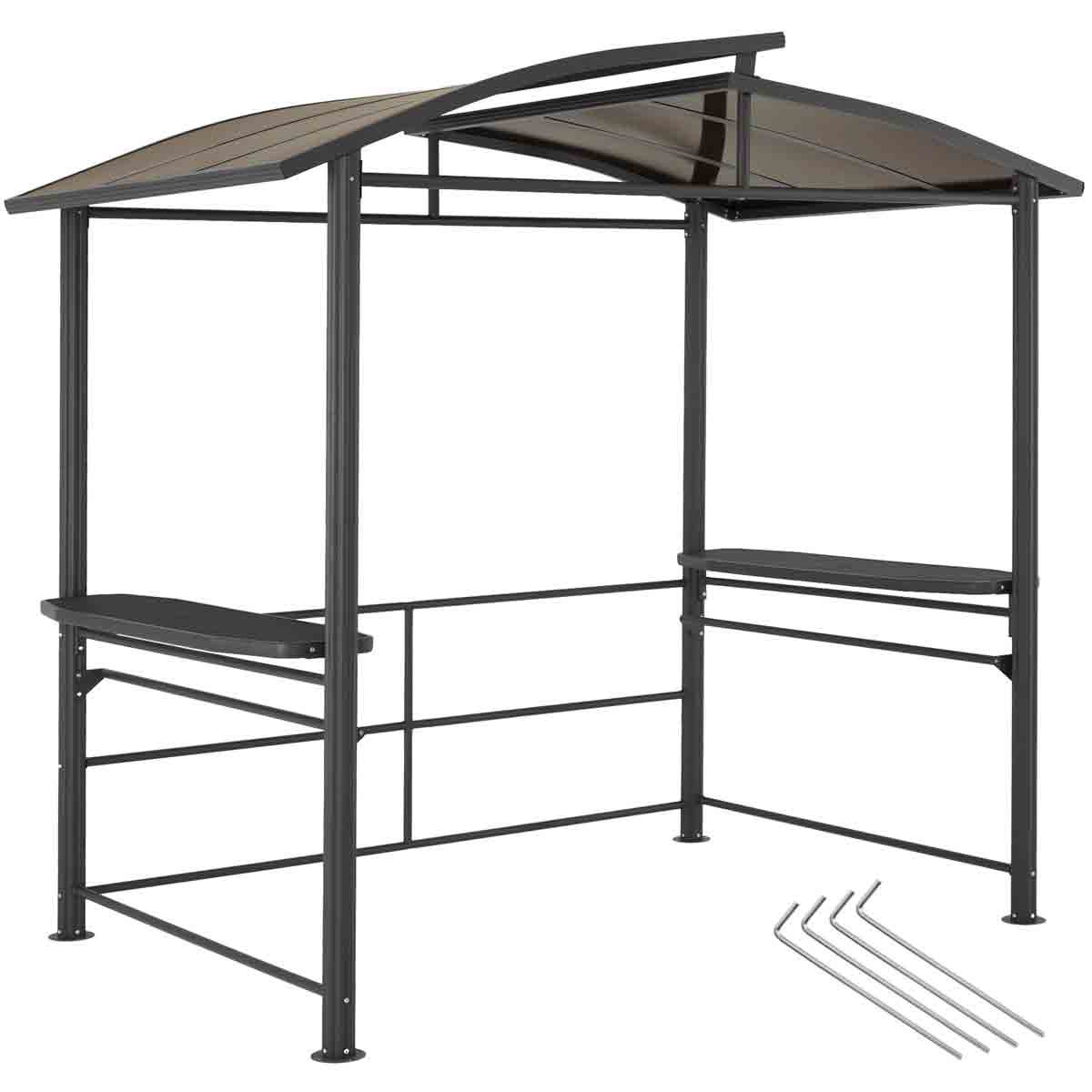 Grey metal barbecue pavilion with a sloped roof, dimensions 2.4x1.5x2.34m, featuring two side shelves and included assembly stakes.