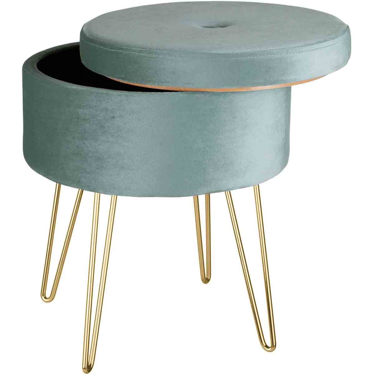 Blue upholstered velvet stool with a round, tufted top, featuring a storage compartment and sleek gold metal legs.
