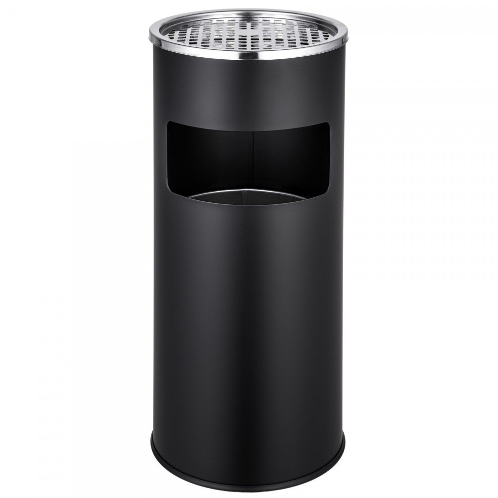 Black outdoor ashtray with a bin, featuring a cylindrical design, a perforated metal top for ash disposal, and a front opening for easy access.