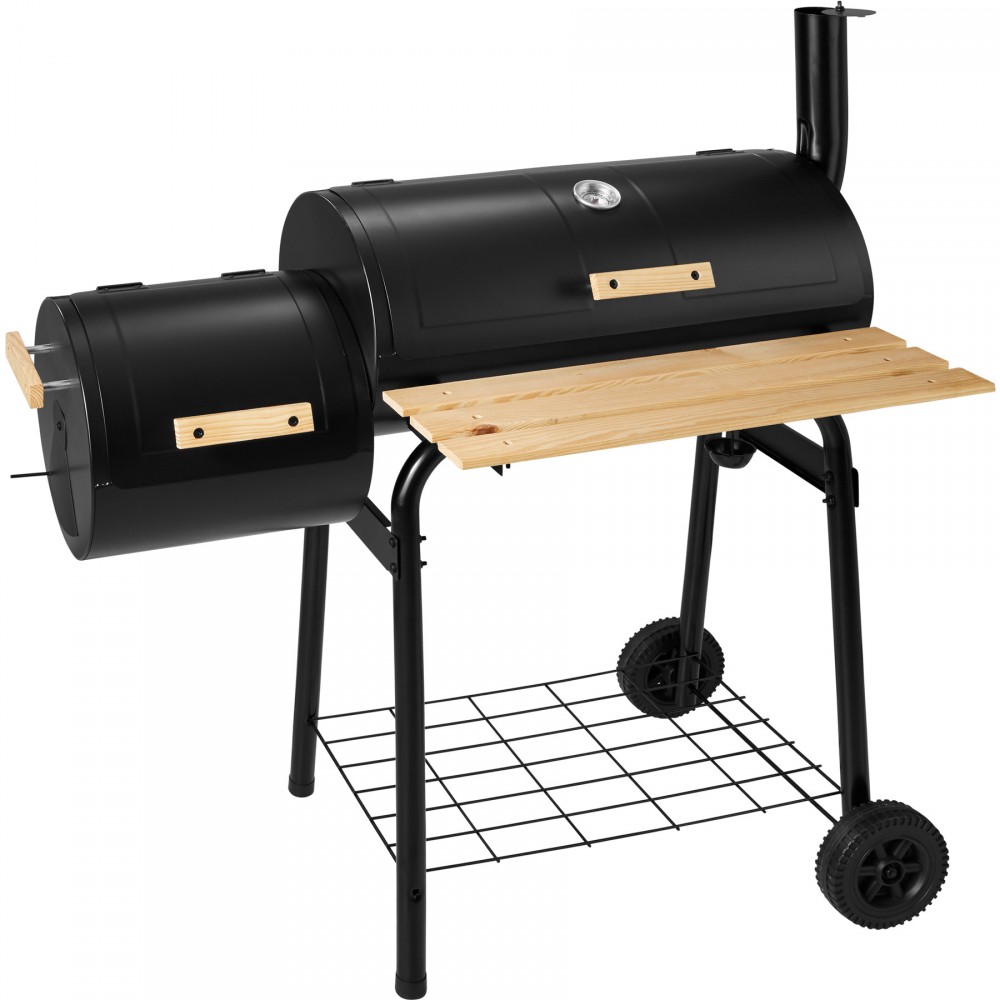 Black Tectake BBQ featuring a temperature display, wooden side shelf, and sturdy metal construction with wheels for mobility.