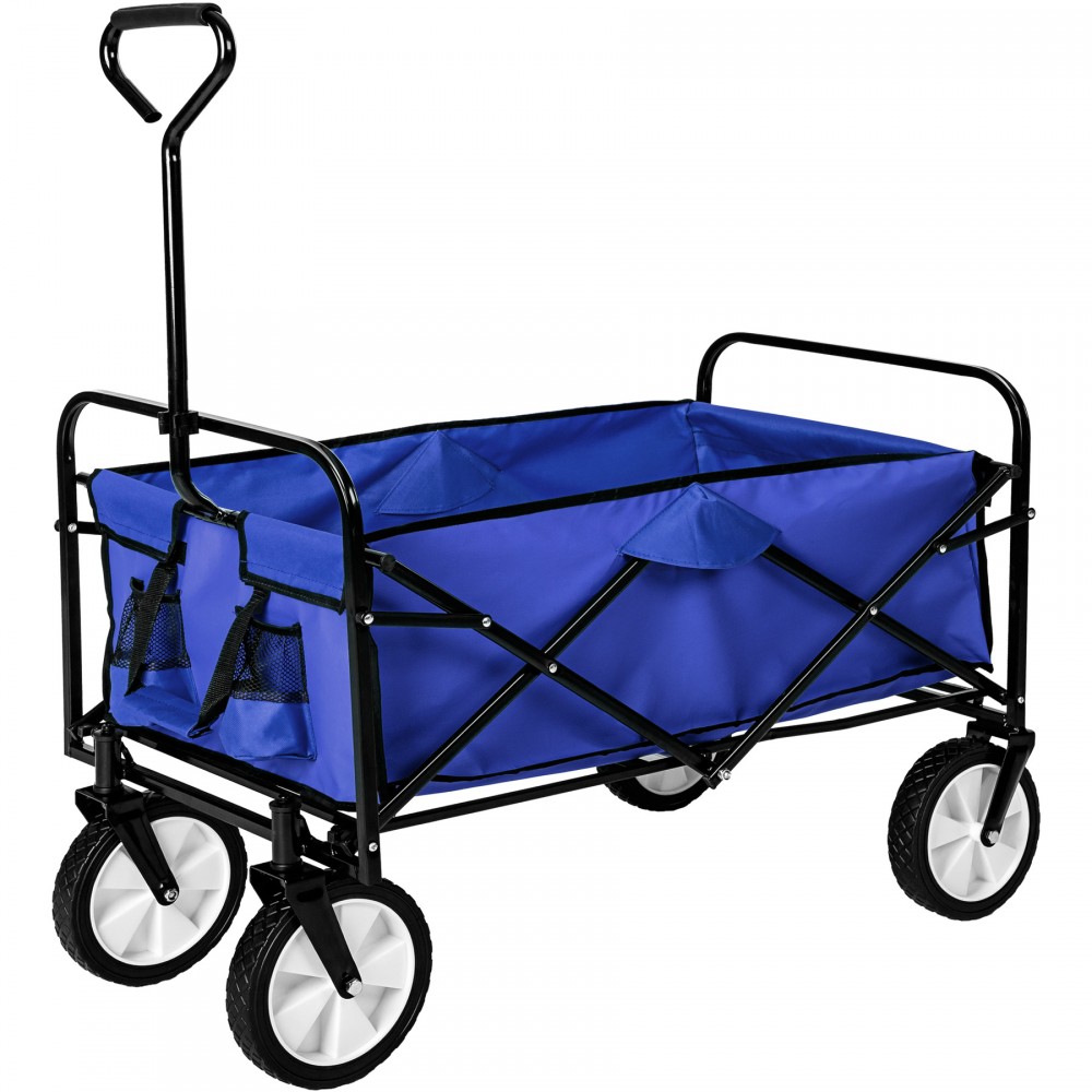 Foldable garden trolley in blue with a sturdy black metal frame, featuring four wheels, a spacious fabric cargo area, and two side pockets for storage.