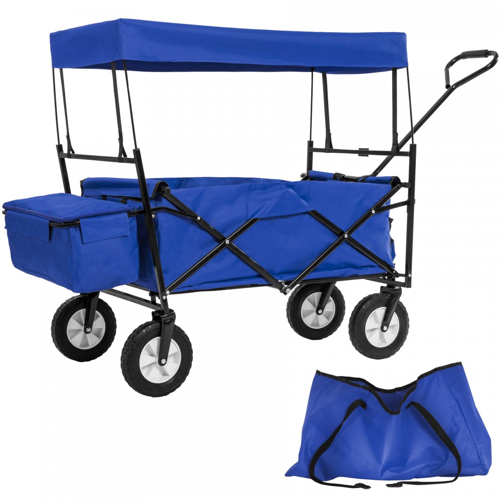 Foldable blue garden trolley with a canopy, sturdy black frame, large wheels, and a removable carry bag, designed for an 80kg load capacity.