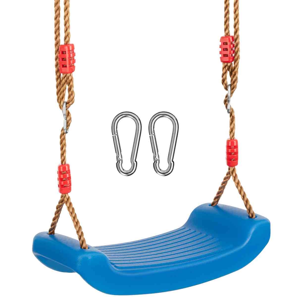 Blue slip-resistant swing with textured seat, adjustable height ropes, and red safety clips, accompanied by two metal carabiners for secure attachment.