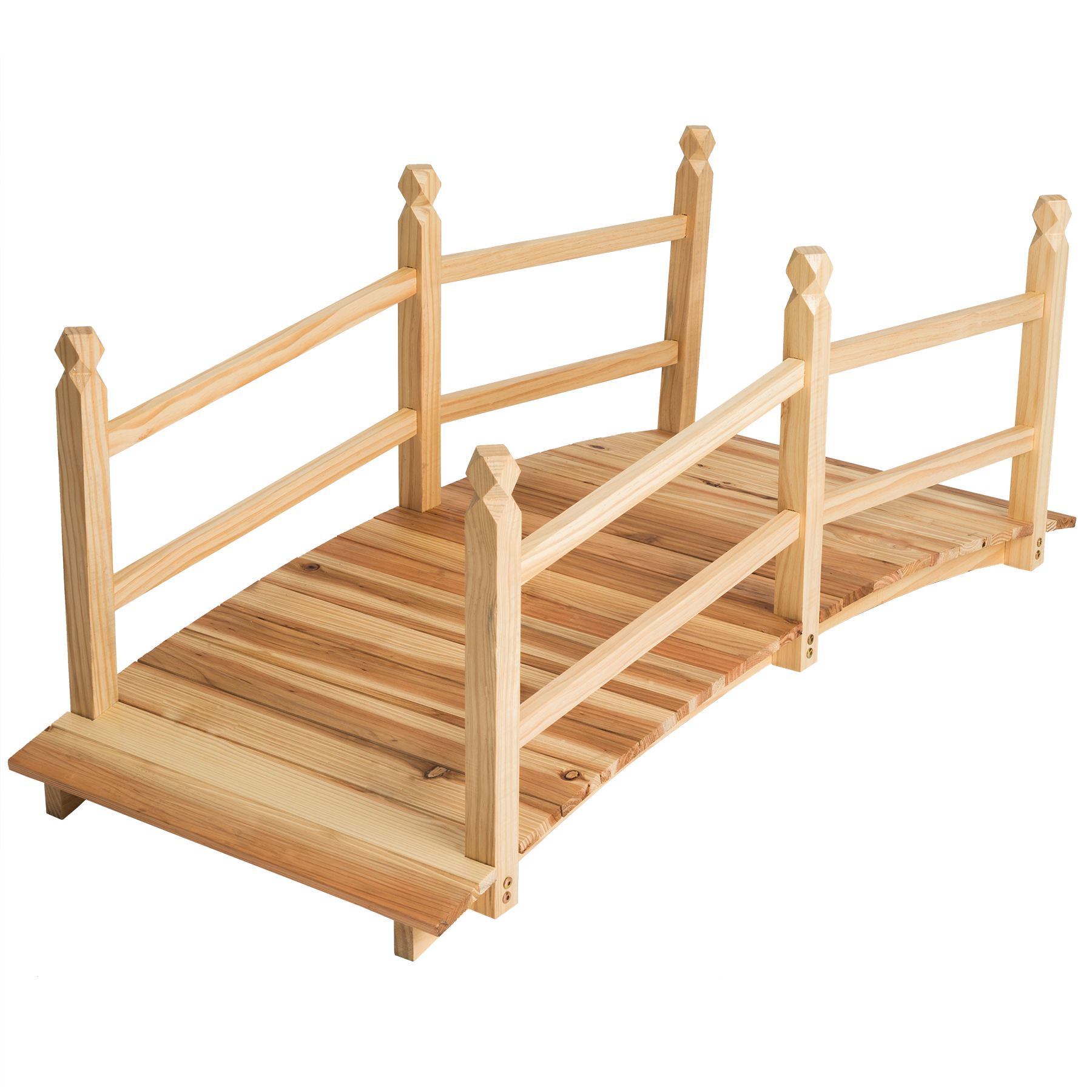 Brown wooden garden bridge, 137 cm long, featuring a curved design with three decorative railings and a natural wood finish, ideal for enhancing outdoor spaces.