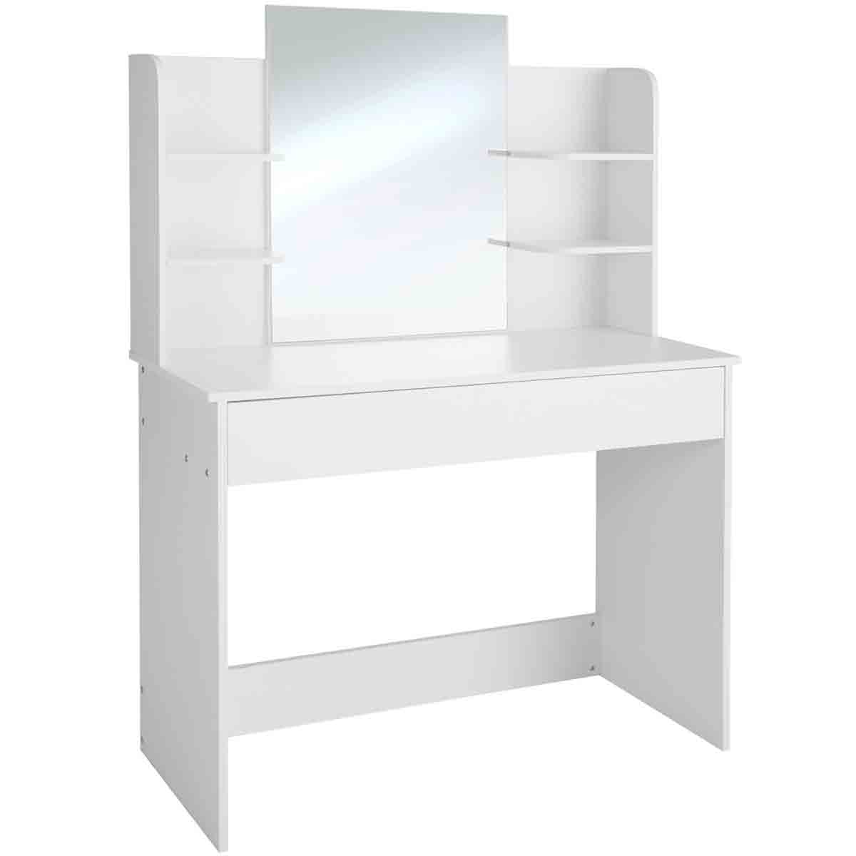 White Tectake Camille dressing table features a large mirror, a central drawer, and side storage shelves, all made from smooth, durable material for a modern look.