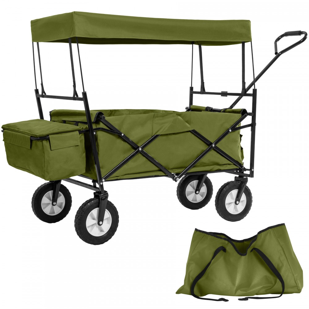 Foldable green garden trolley with a roof, featuring a sturdy black frame, large wheels, and a detachable carry bag for easy transport and storage.