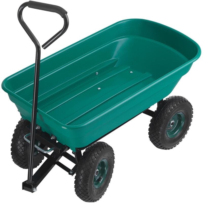 Green hand cart with a sturdy plastic tub and black metal frame, featuring pneumatic tyres for easy maneuverability and a 120kg load capacity.