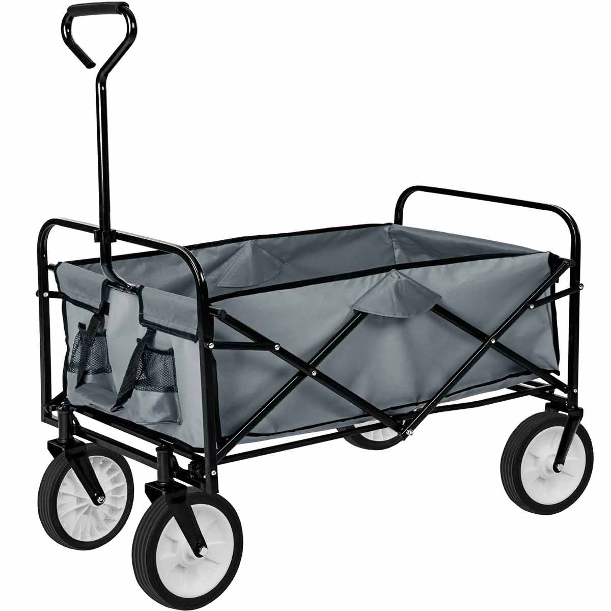 Foldable garden trolley in grey with a sturdy black metal frame, featuring a fabric interior, two mesh pockets, and four durable white wheels for easy mobility, with an 80kg load capacity.