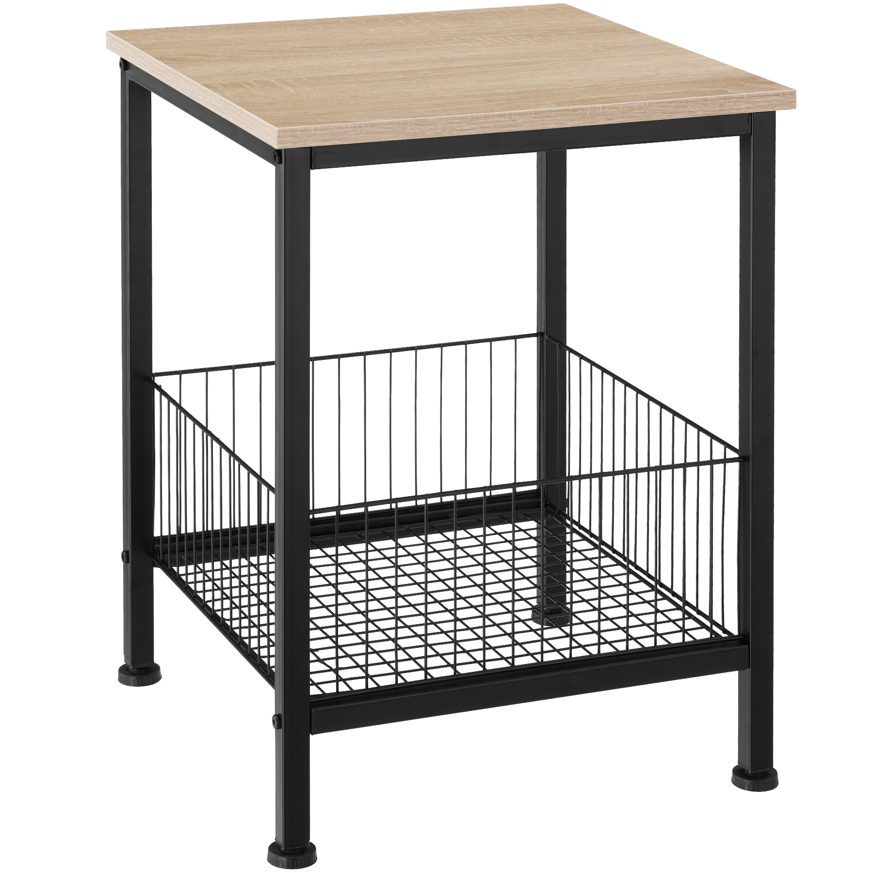 Light brown wooden top side table with a black metal frame and integrated wire storage basket, measuring 40x40x55.5 cm, ideal for modern decor.