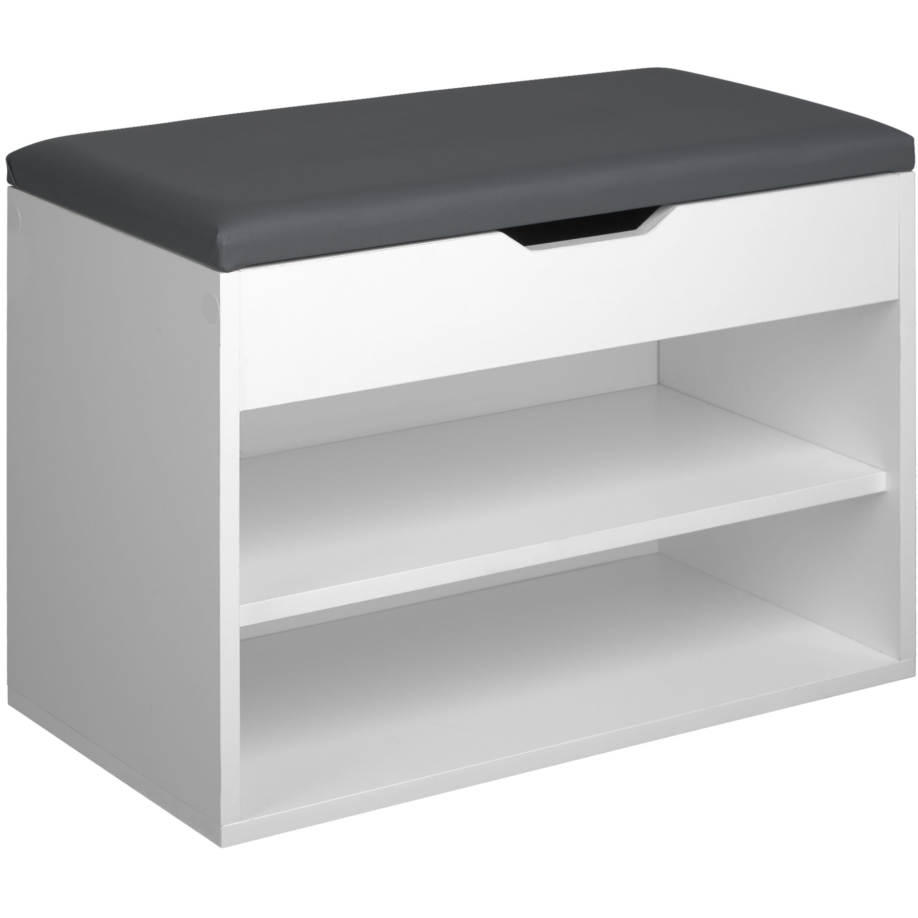 White shoe storage bench with two shelves and a hinged lid, featuring a gray padded top for comfort and a cut-out handle for easy access.