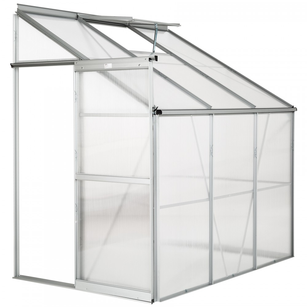 Silver lean-to greenhouse with a transparent polycarbonate structure, featuring a slanted roof, aluminum frame, and double sliding doors for easy access.