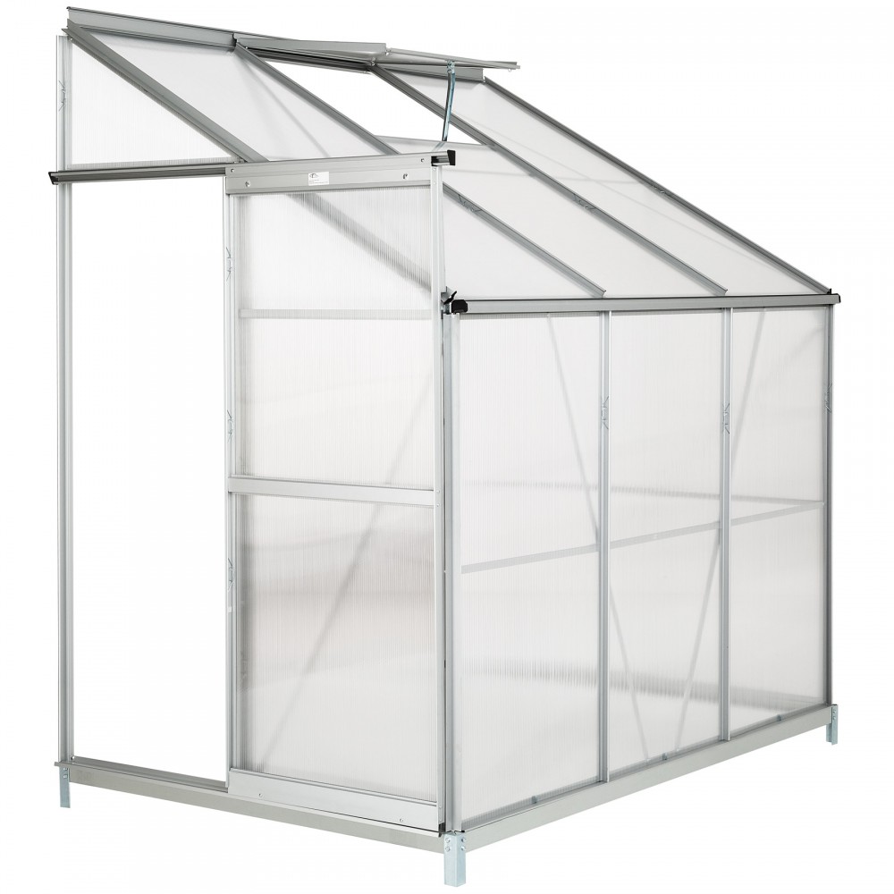 Lean-to greenhouse in silver aluminum with clear polycarbonate panels, measuring 192x128x202 cm, featuring a sturdy foundation and slanted roof design for optimal sunlight.