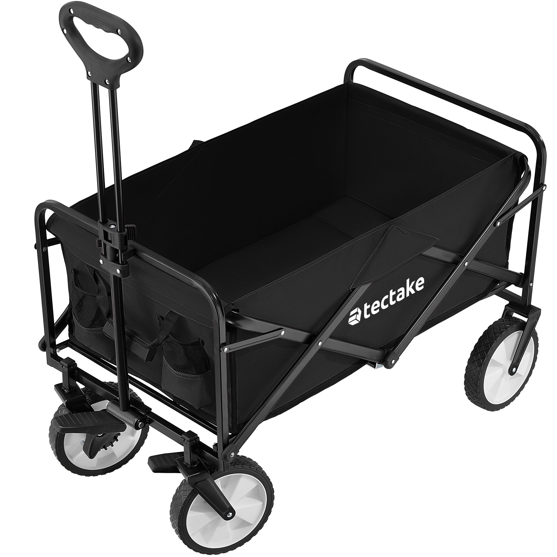 Black folding handcart with an 80kg capacity, featuring a sturdy metal frame, fabric sides, and four wheels for easy mobility, ideal for transporting goods.
