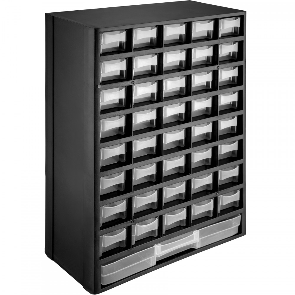 Black storage unit featuring 41 transparent drawers, designed for organization, with a sturdy frame and a sleek, modern appearance.