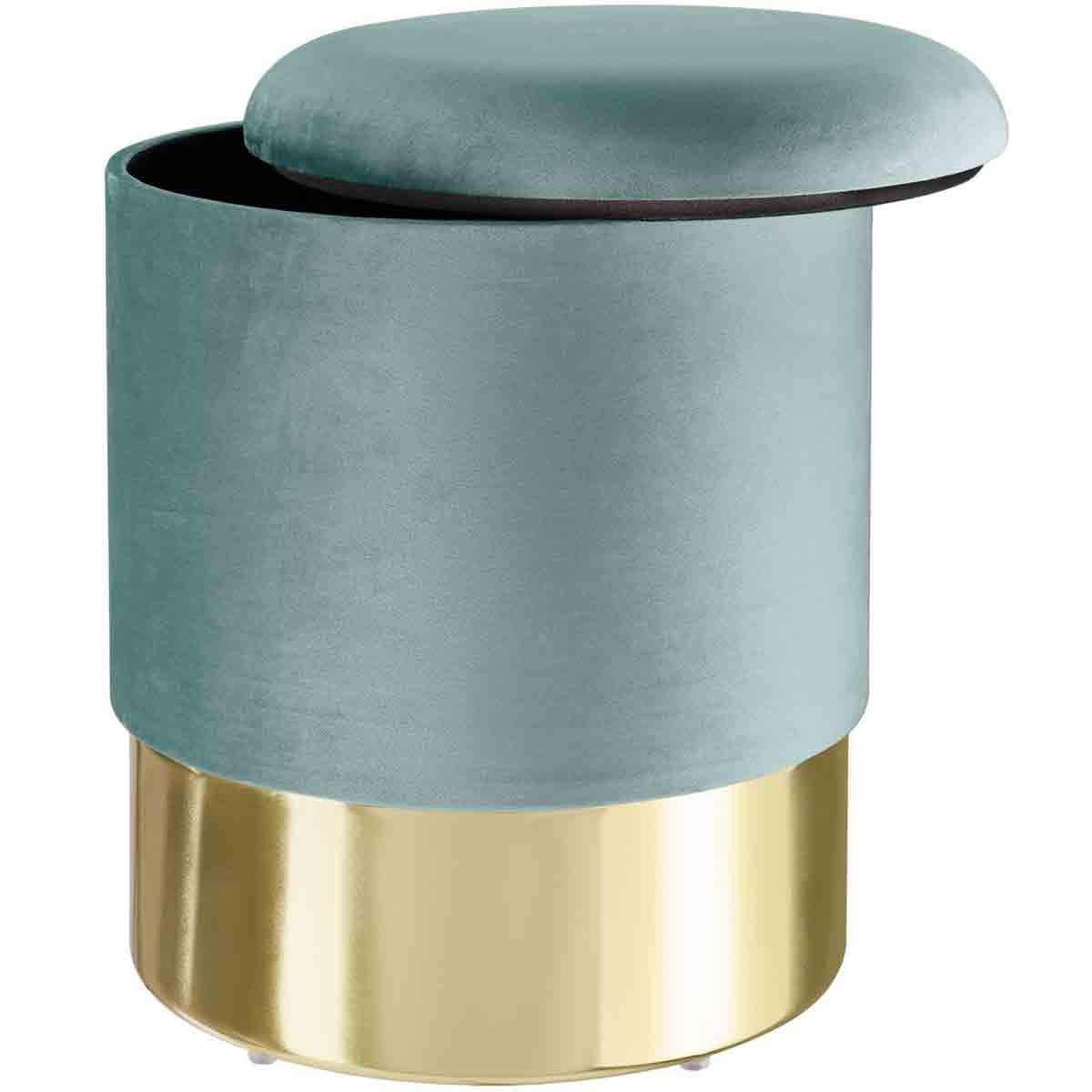 Round blue velvet stool with a removable lid, featuring a gold metallic base, designed for storage space.