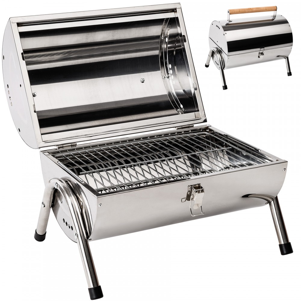 Stainless steel BBQ grill in silver with a rounded design, featuring a hinged lid, grill grate, and sturdy legs, alongside a smaller grill with a wooden handle.