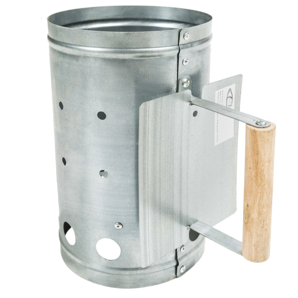 Silver metal BBQ chimney firestarter with a wooden handle and safety heat shield, featuring ventilation holes for efficient charcoal lighting.
