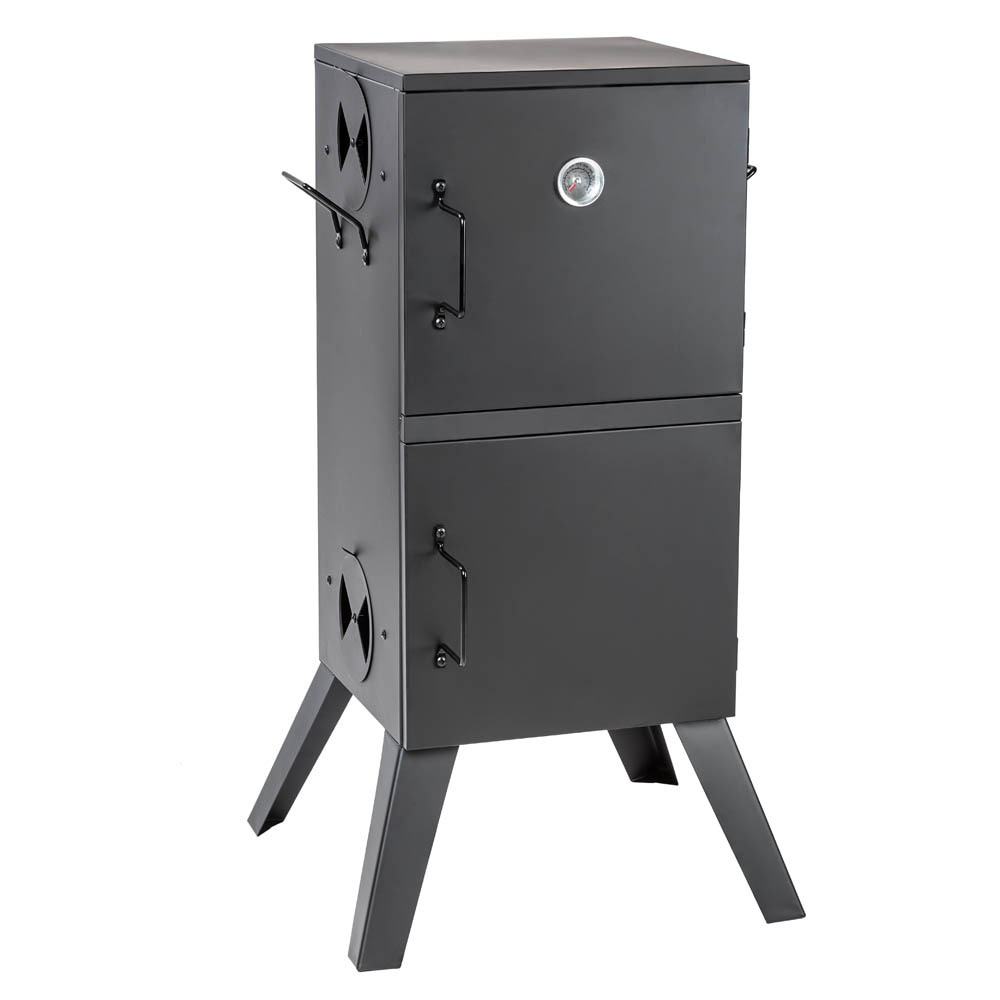 Black Tectake smoker with temperature display, featuring a sturdy metal construction, two compartments, and side vents for smoke control, supported by four angled legs.