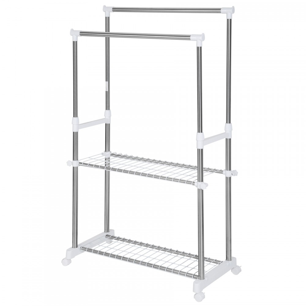 Heavy-duty double clothes rail in silver metal with white plastic connectors, featuring two hanging rods and two wire shelves for shoes or storage, mounted on wheels for mobility.