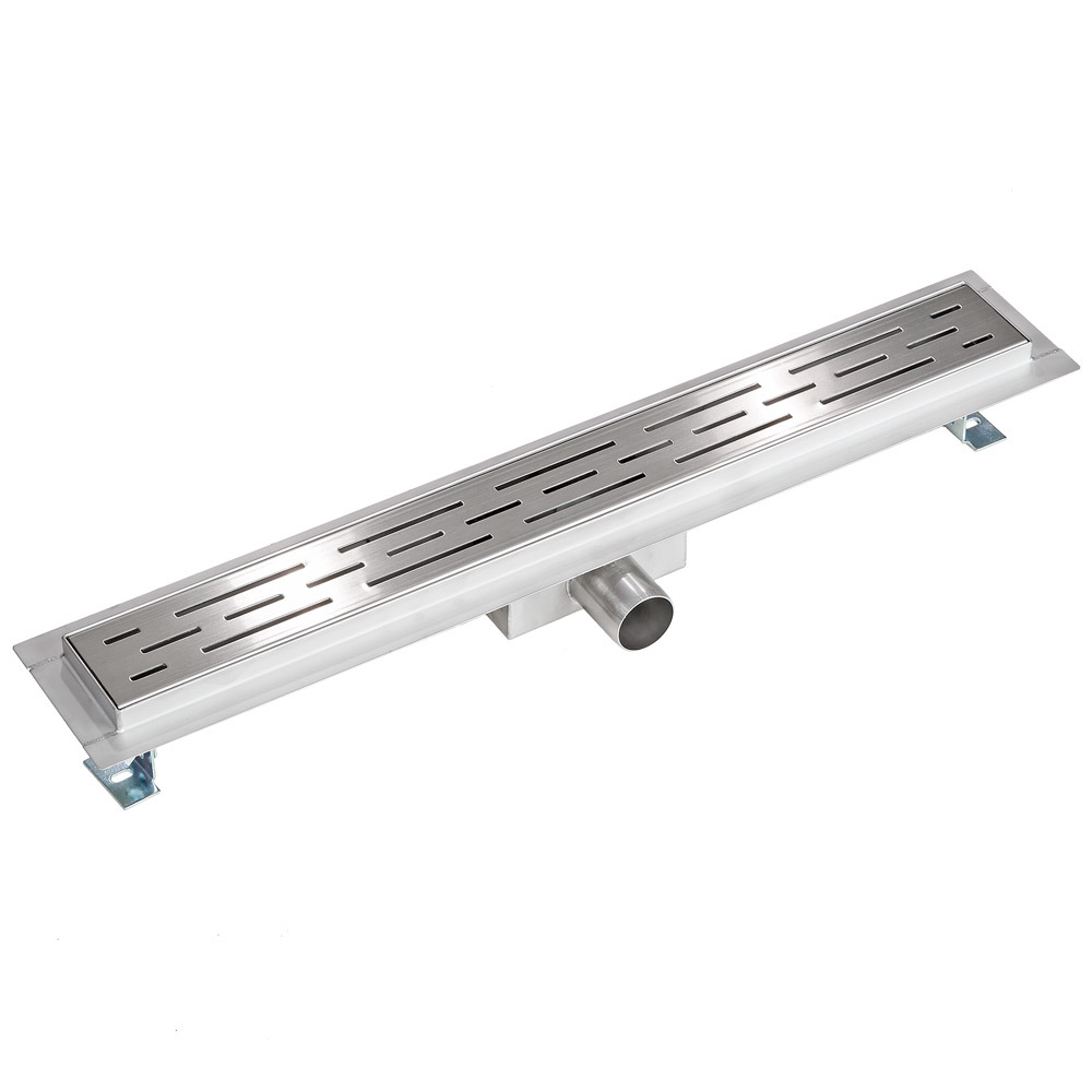 Stainless steel channel drain measuring 60 cm, featuring a sleek design with slotted openings for efficient water drainage and adjustable mounting brackets on each side.