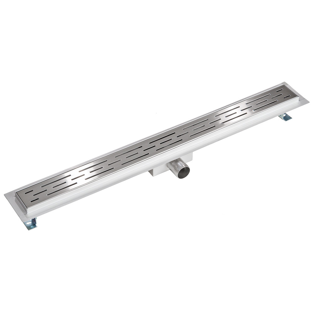 Stainless steel channel drain measuring 80 cm, featuring a slotted design for efficient water flow and a central outlet for drainage.