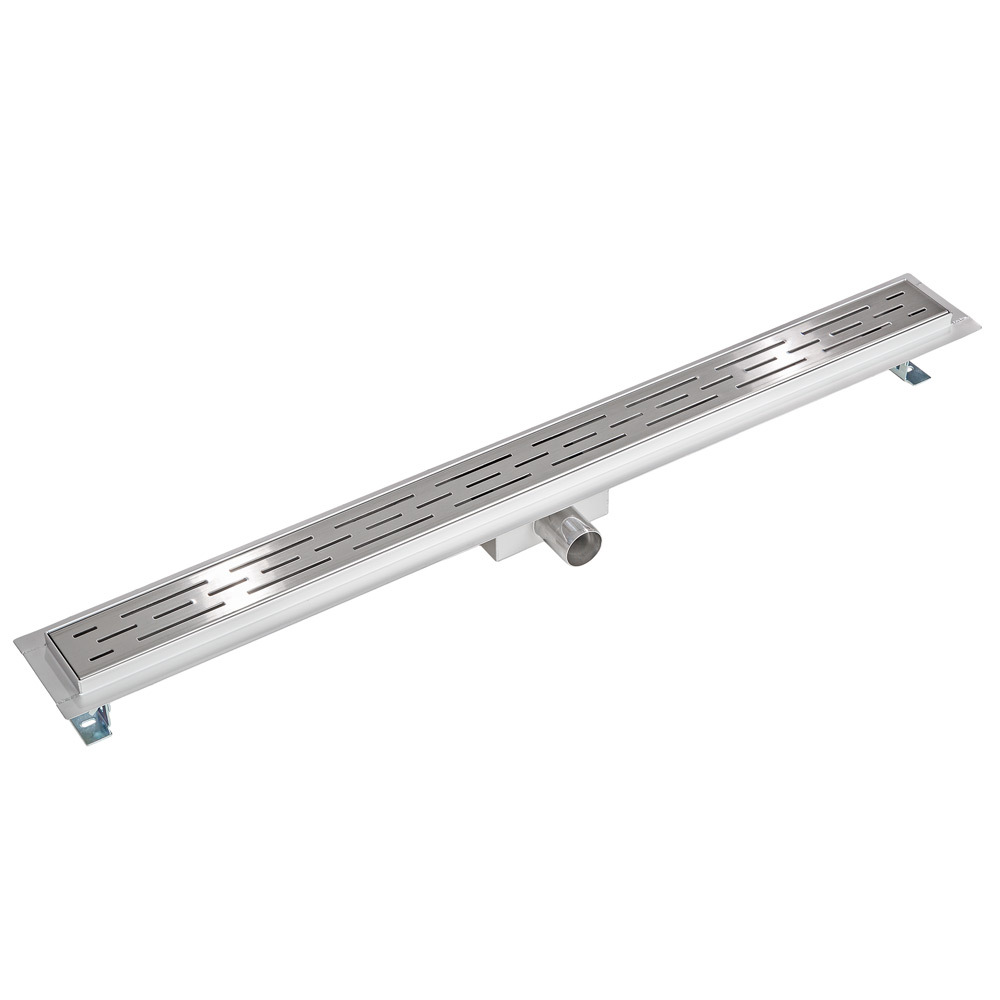 Stainless steel channel drain in grey, measuring 90cm, featuring a slotted design for efficient water flow and a central outlet for drainage.