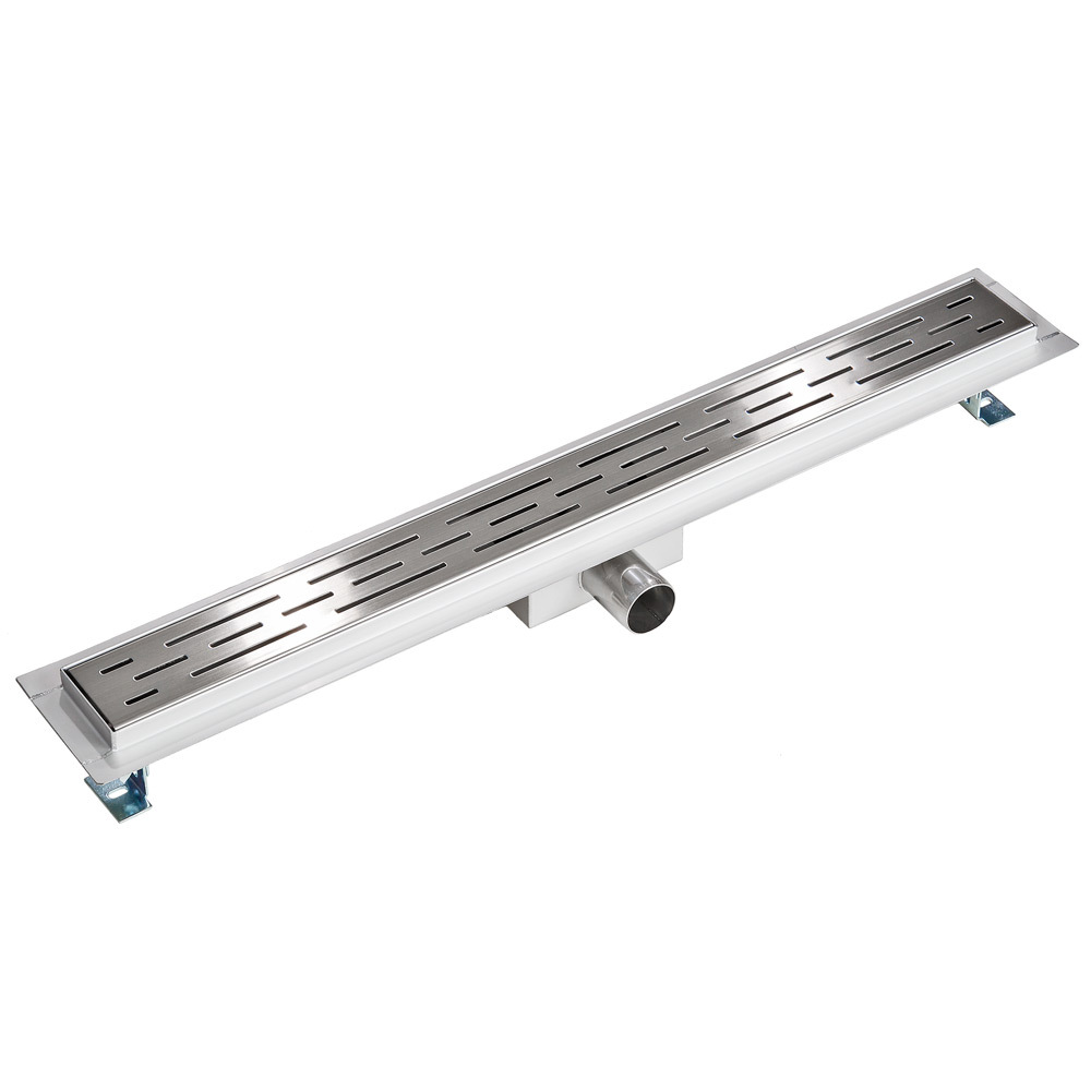 Stainless steel channel drain measuring 70 cm, featuring a slotted design for efficient water flow, with mounting brackets on the sides for secure installation.