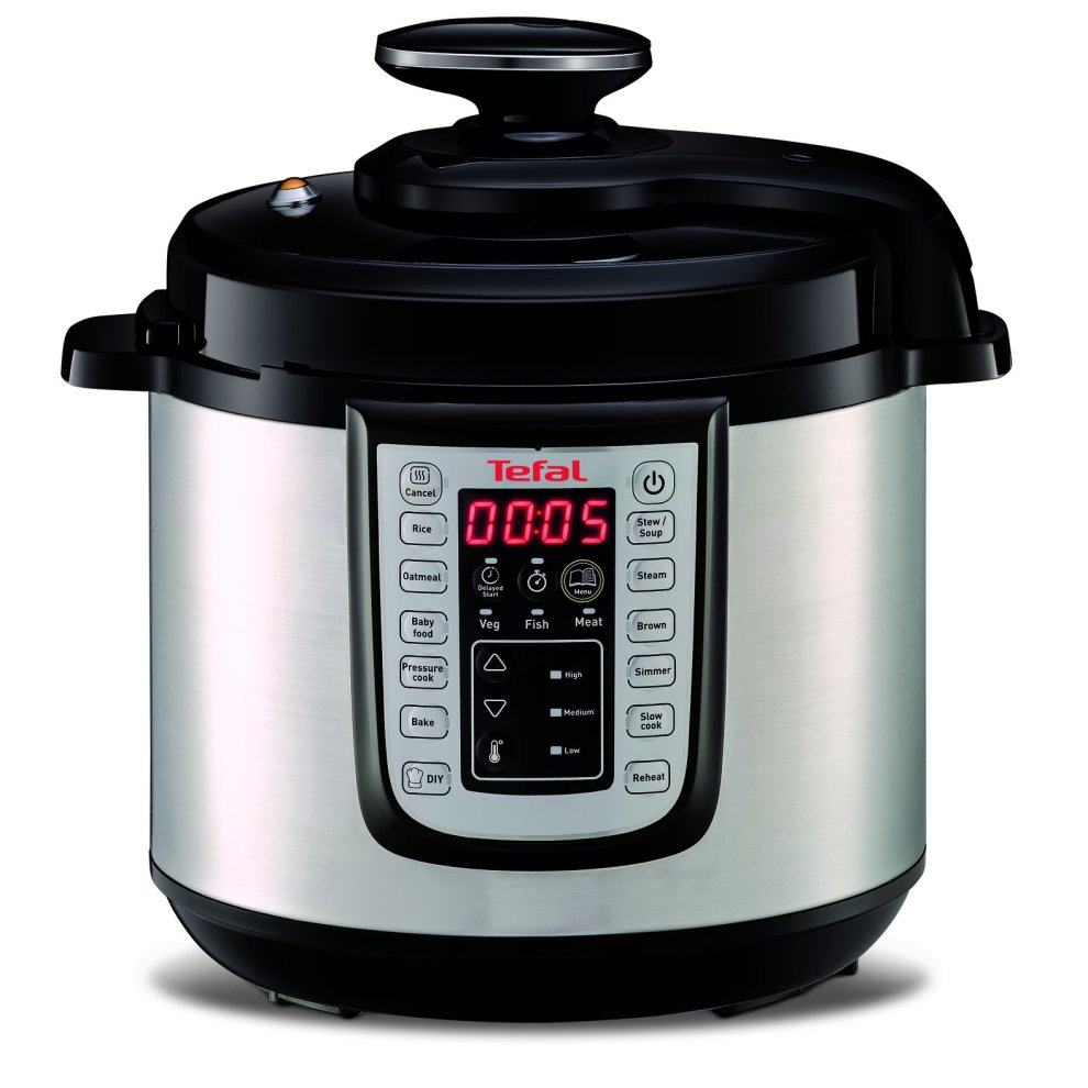 Tefal One CY505E40 electric pressure cooker in black and stainless steel, featuring a digital display, control panel with various cooking settings, and a secure lid.