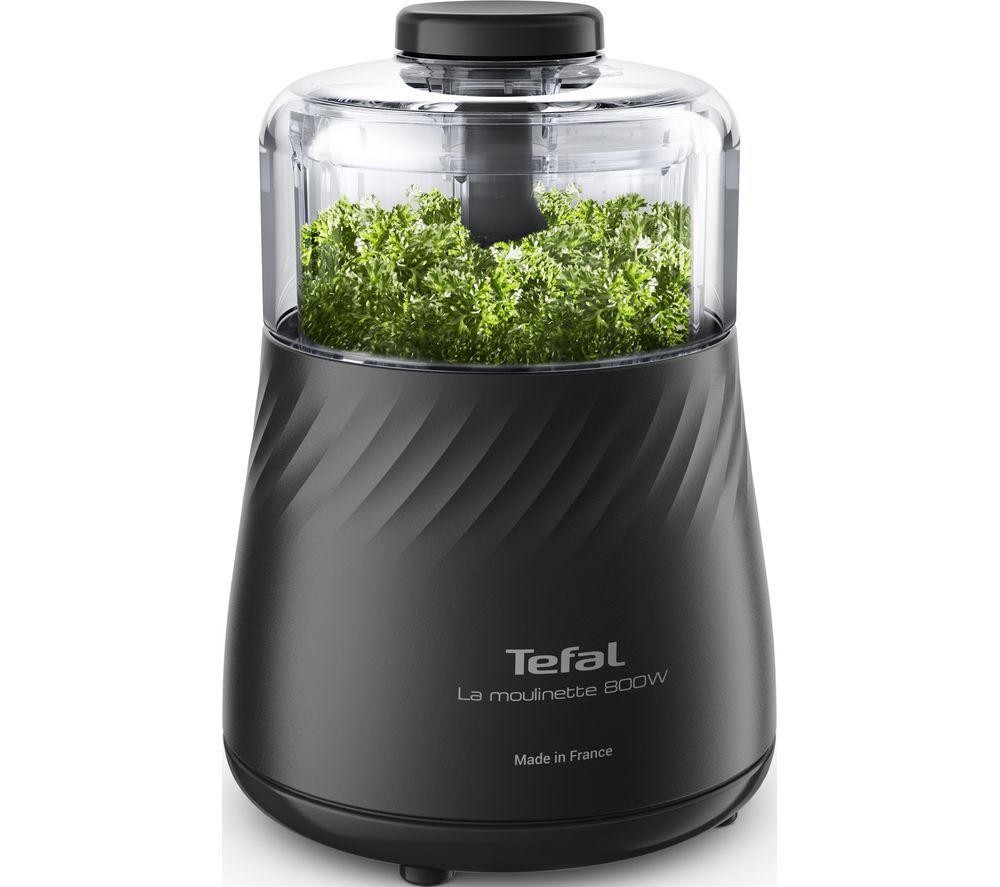 Tefal Respect Moulinette MB710840 mini chopper in black, featuring a transparent bowl, 800W power, 0.5L capacity, and a sleek, modern design with a textured finish.