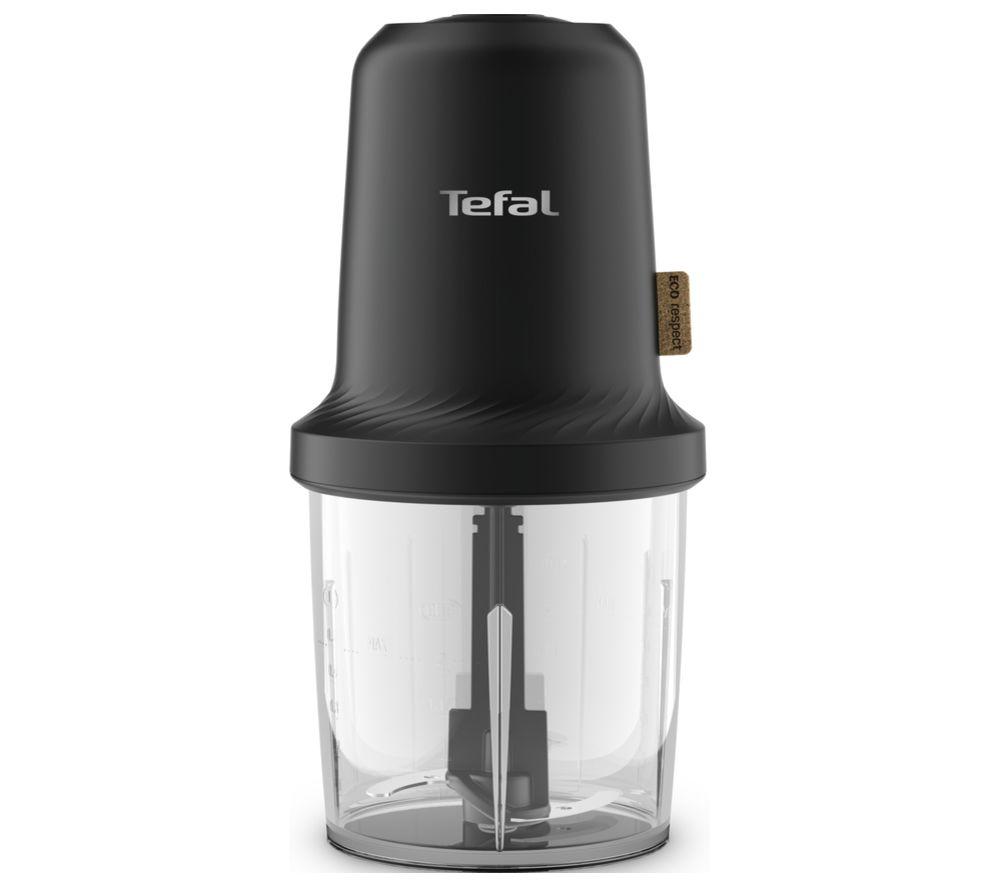 Black Tefal Eco Respect MQ80E840 Mini Chopper featuring a sleek design, transparent plastic bowl, and stainless steel blades for efficient chopping.