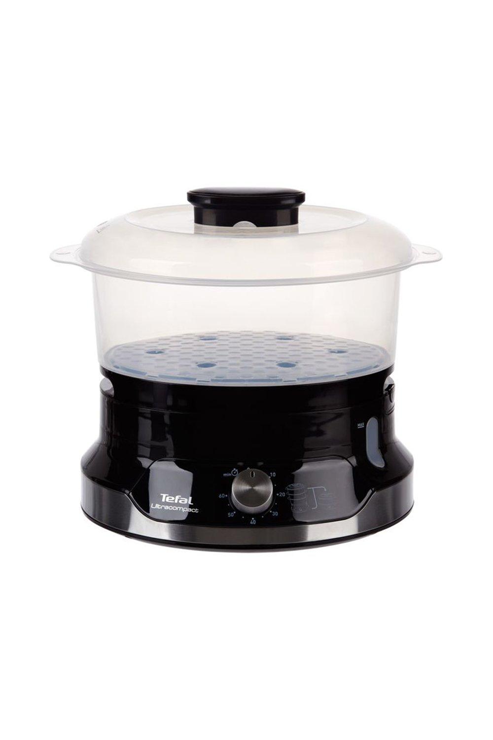 Tefal TE4865 Ultra Compact V2 3 Tier Steamer in black, featuring a transparent lid, adjustable timer, and three steaming tiers for efficient cooking.