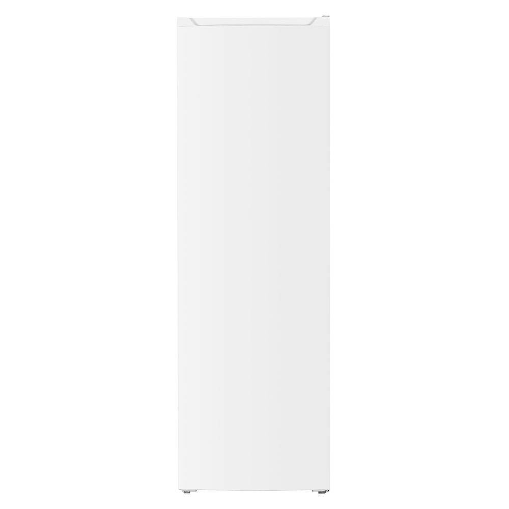 Tall upright white freestanding freezer with a sleek design, measuring 171x55cm and offering a capacity of 204 liters, featuring a smooth surface and minimalist aesthetic.