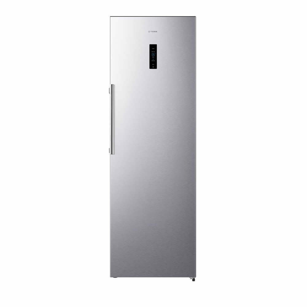 Sleek silver Teknix refrigerator with a minimalist design, featuring a digital display panel and a long vertical handle.