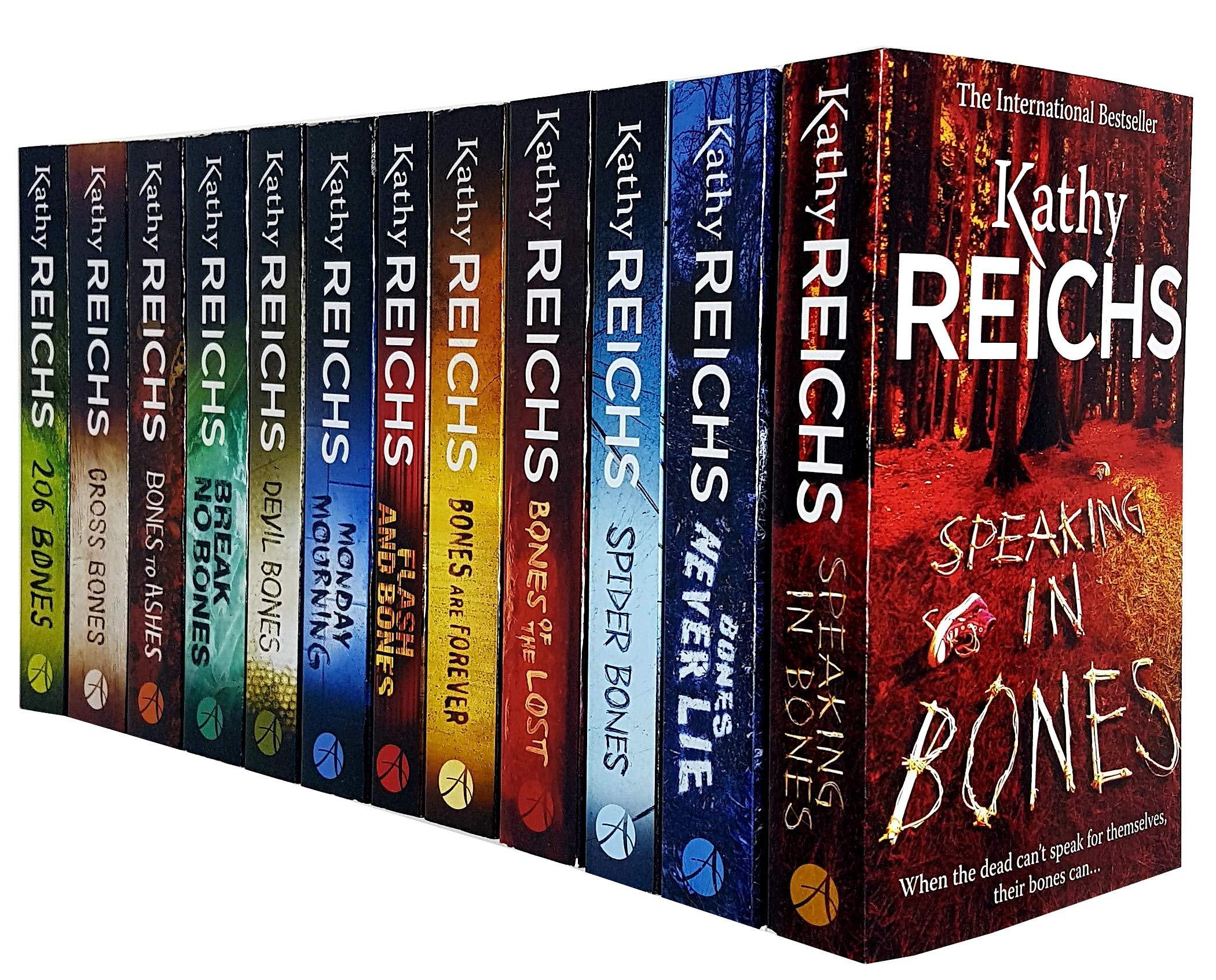 A collection of 12 paperback books from the Temperance Brennan series by Kathy Reichs, featuring colorful spines with titles and the author's name prominently displayed.