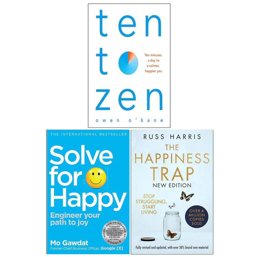 Three paperback books: "Ten to Zen" with a blue cover, "Solve for Happy" featuring a smiley face, and "The Happiness Trap" with a white cover and gold text, stacked together.