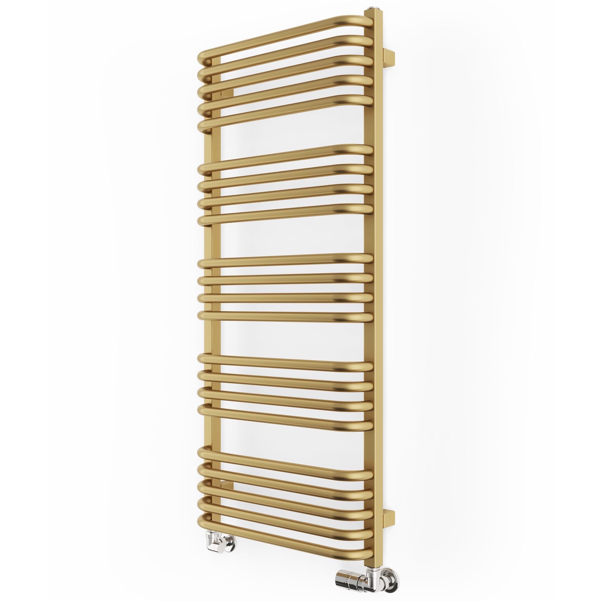 Terma Heated Towel Rail in brass with a brown finish, featuring a sleek, modern design with multiple horizontal bars for hanging towels.