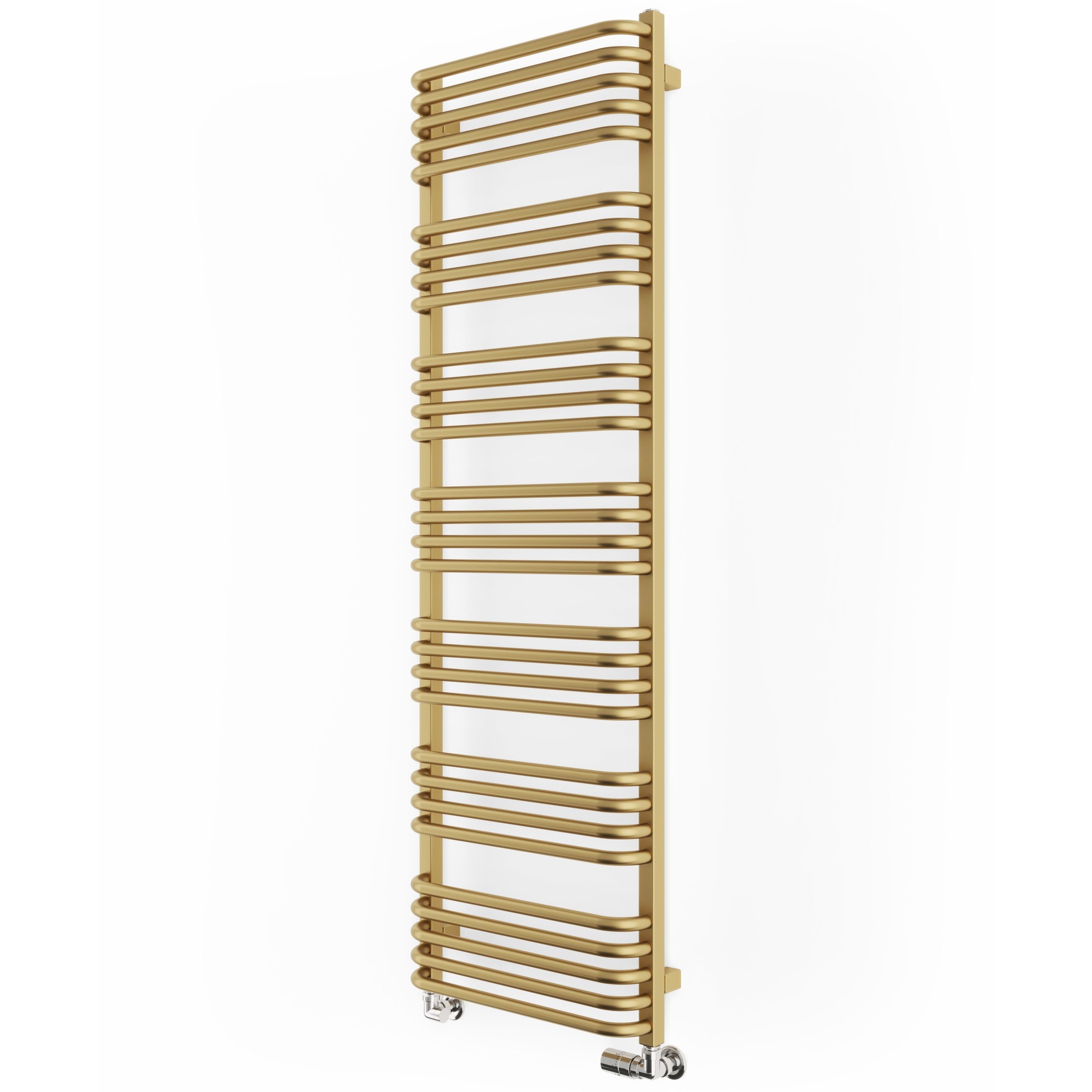Brass heated towel rail with a sleek brown finish, featuring multiple horizontal bars for hanging towels, designed for modern bathrooms.