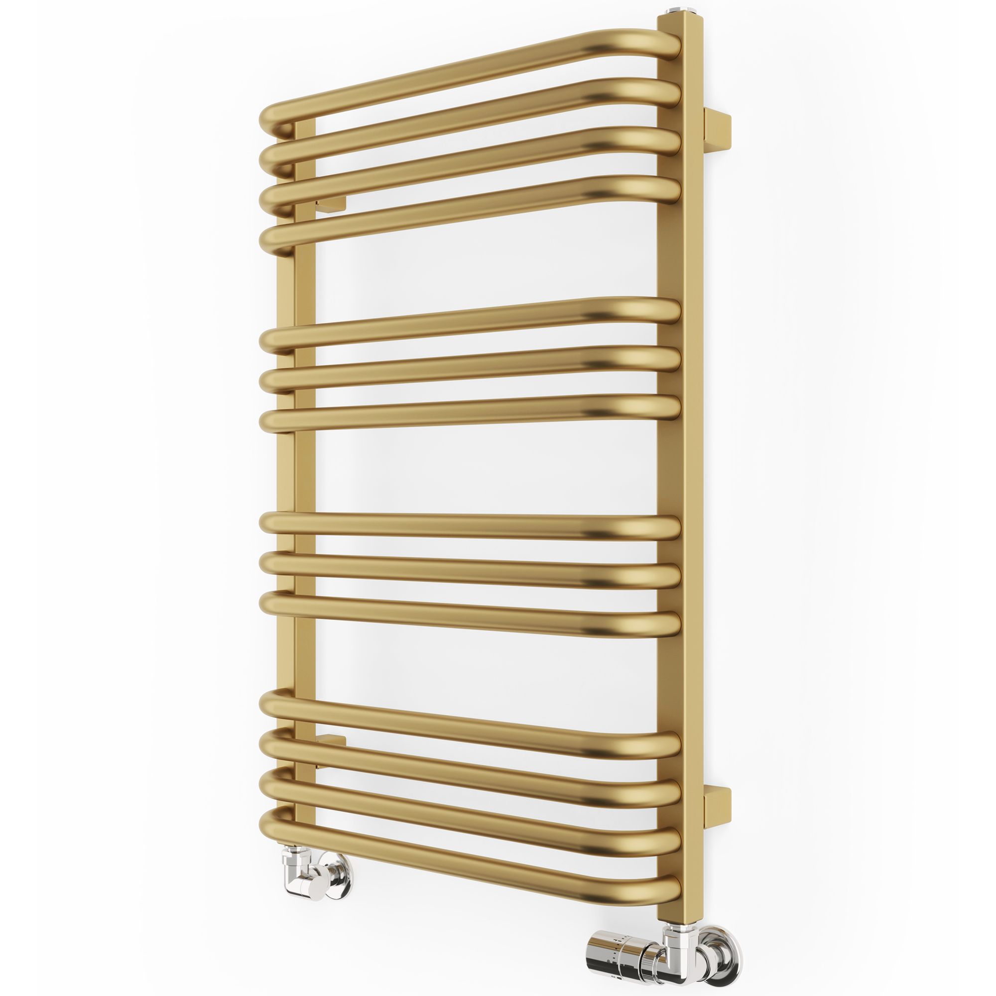 Brass heated towel rail with a sleek brown finish, featuring multiple horizontal bars and chrome fittings for easy installation.
